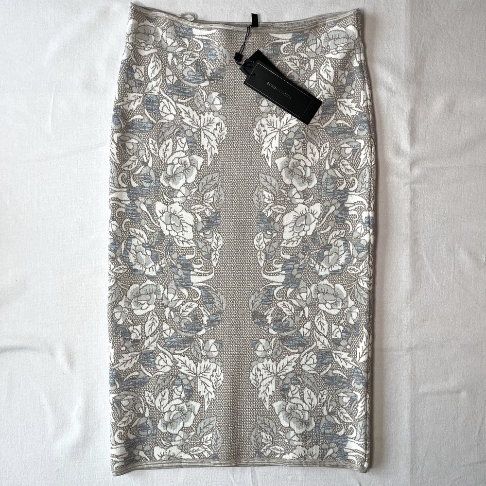 BCBGMAXAZRIA Leger Blue Gray Floral Bandage Pencil Skirt Size M NWT $198 MSRP